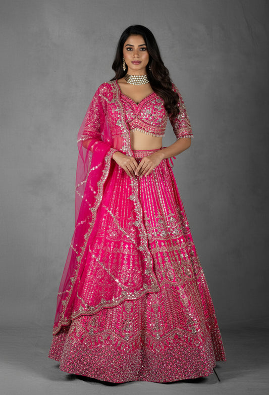 Fuchsia Pink Mirror & Sequin Embroidered Crop Top Lehenga Set with Net Dupatta
