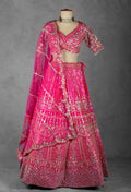 Fuchsia Pink Mirror & Sequin Embroidered Crop Top Lehenga Set with Net Dupatta