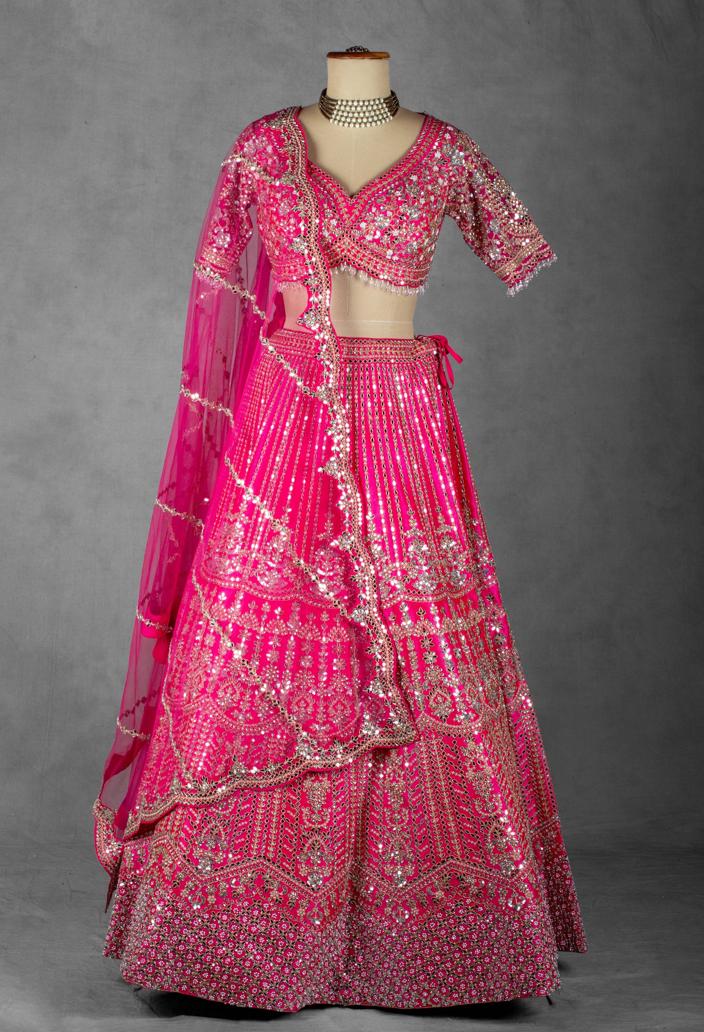 Fuchsia Pink Mirror & Sequin Embroidered Crop Top Lehenga Set with Net Dupatta