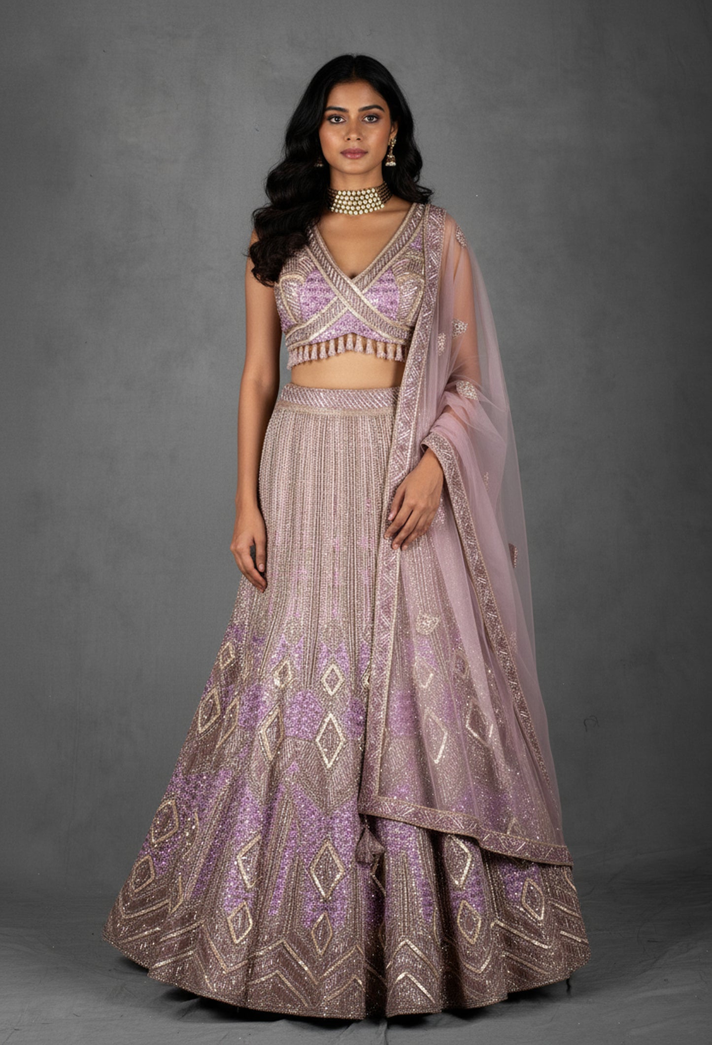 Lavender Embellished Crop Top Lehenga Set with Net Dupatta