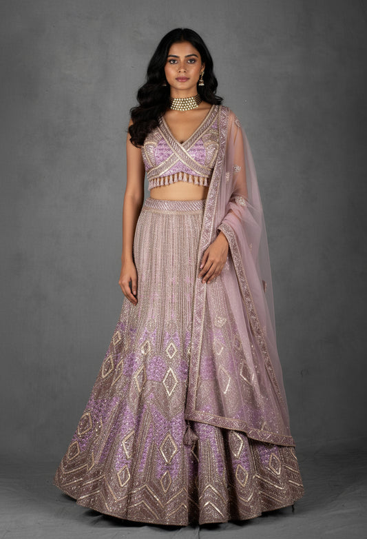 Lavender Embellished Crop Top Lehenga Set with Net Dupatta