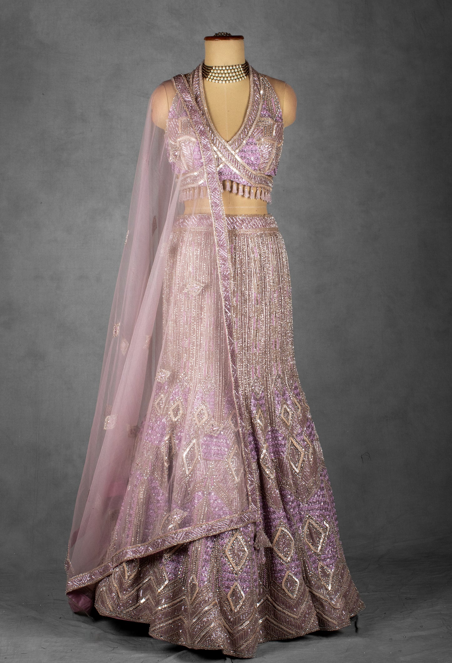 Lavender Embellished Crop Top Lehenga Set with Net Dupatta
