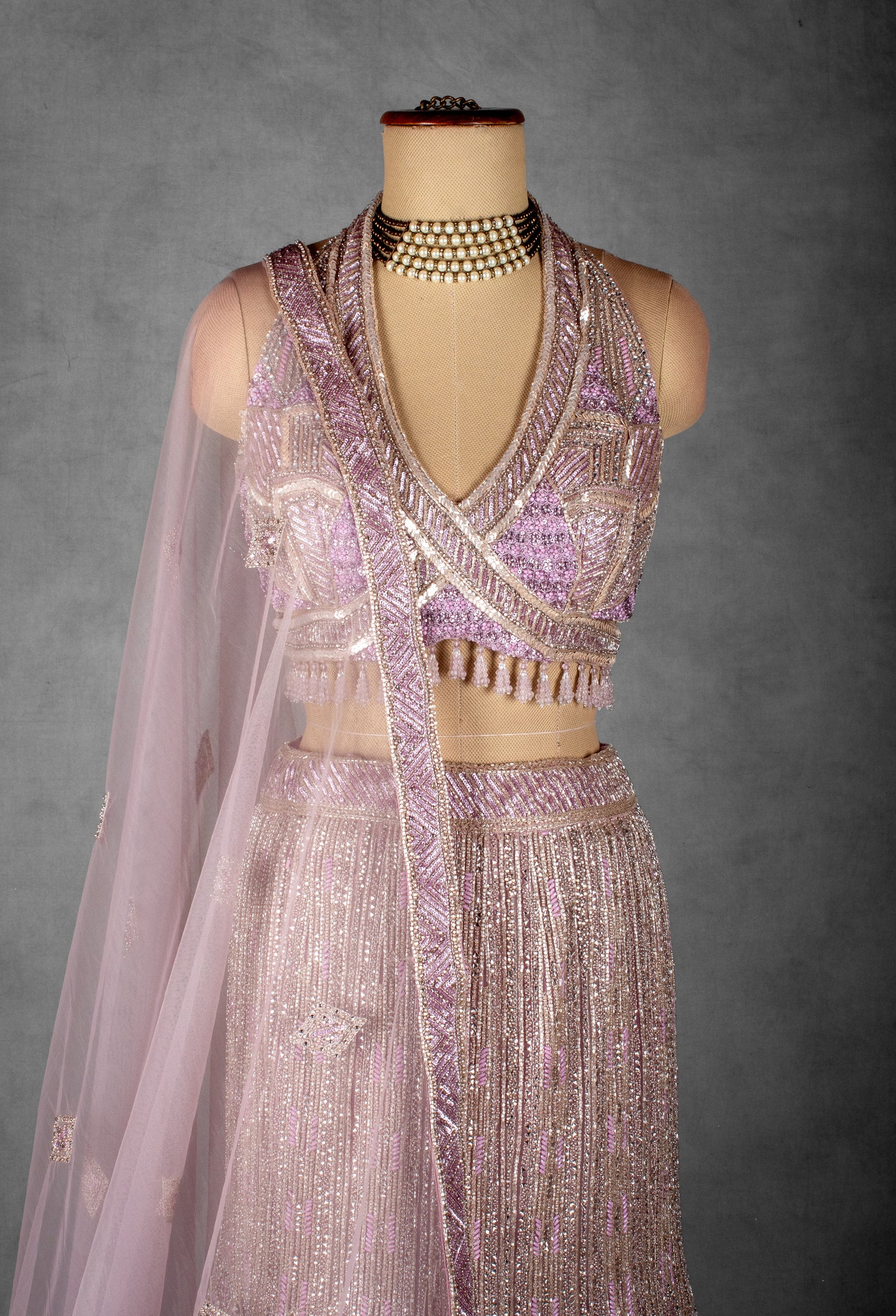 Lavender Embellished Crop Top Lehenga Set with Net Dupatta
