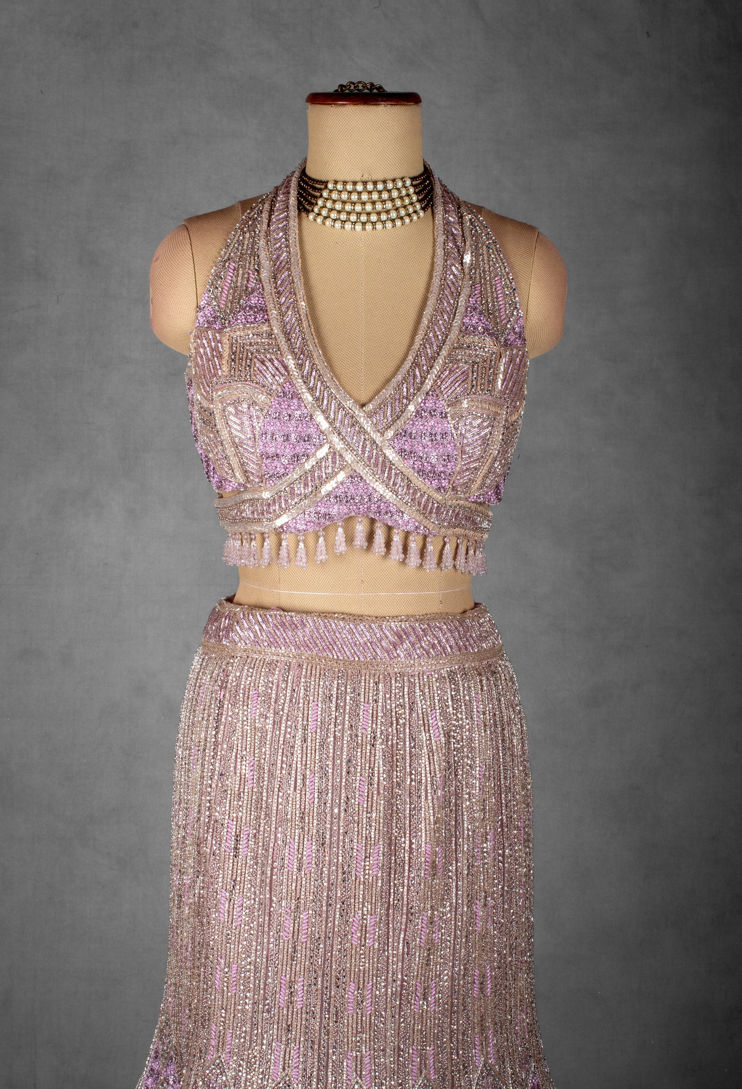 Lavender Embellished Crop Top Lehenga Set with Net Dupatta