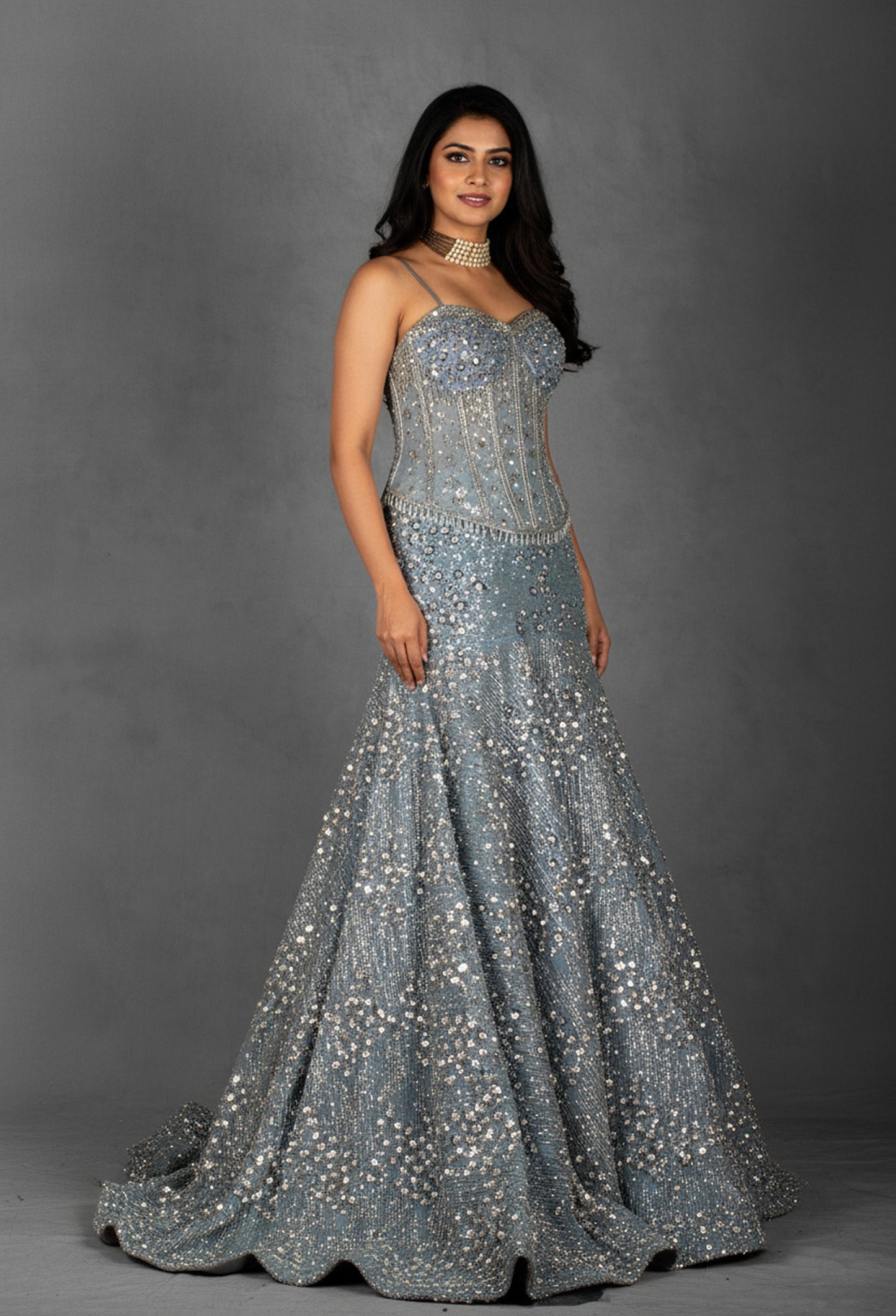 Ice Blue Embellished Corset Gown with Handcrafted Crystal & Sequin Work