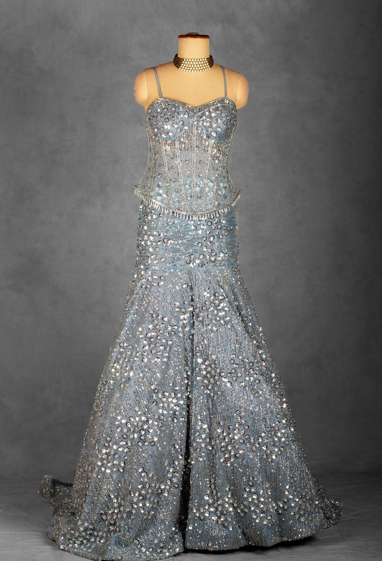 Ice Blue Embellished Corset Gown with Handcrafted Crystal & Sequin Work