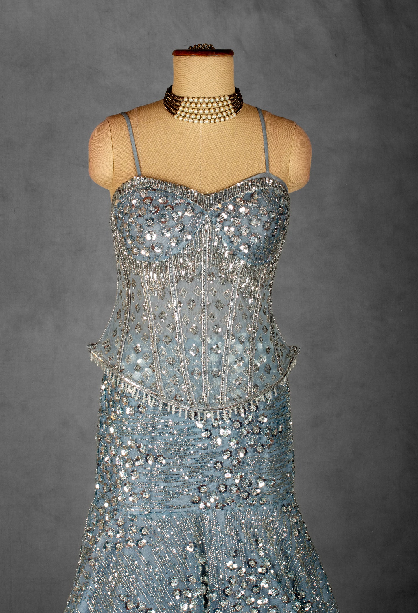 Ice Blue Embellished Corset Gown with Handcrafted Crystal & Sequin Work