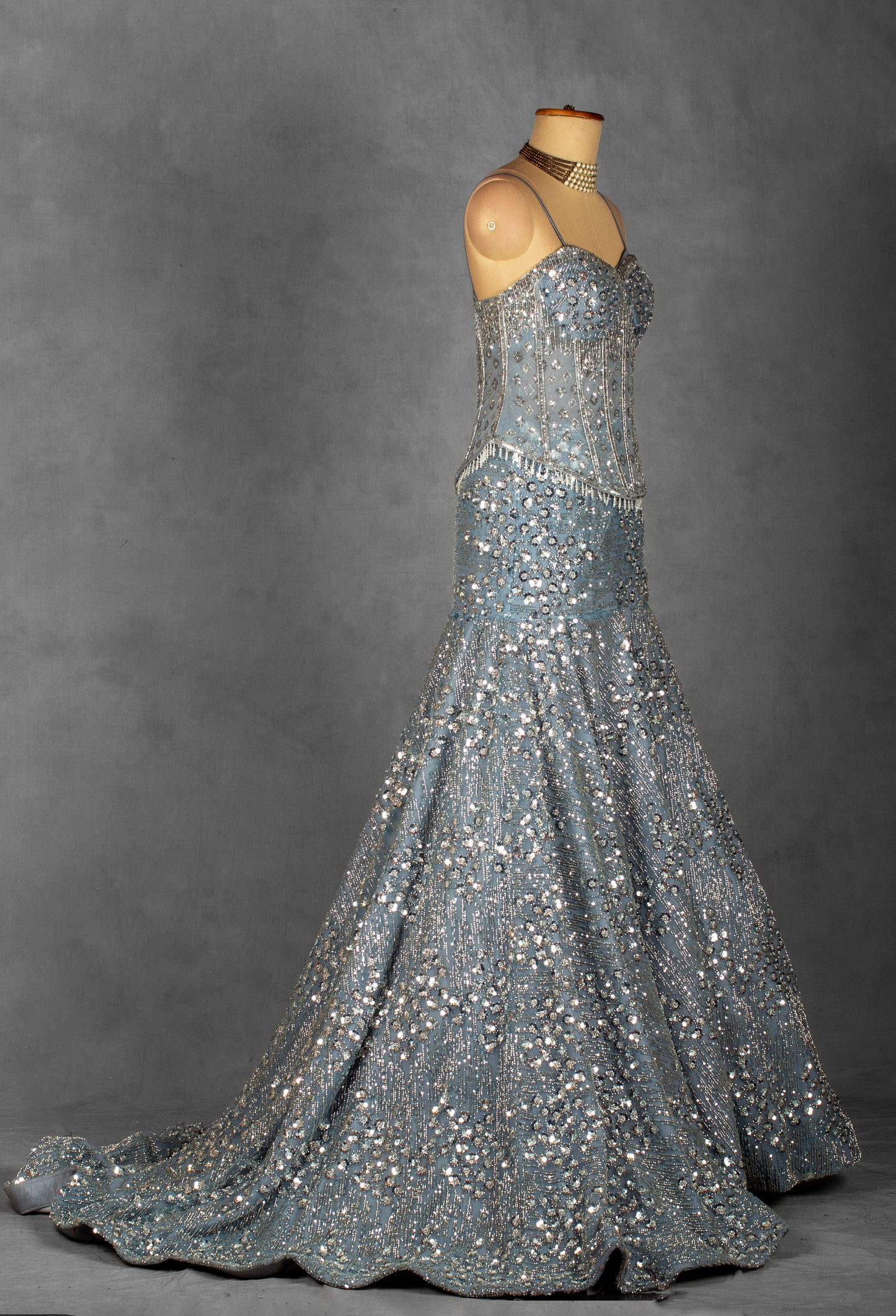 Ice Blue Embellished Corset Gown with Handcrafted Crystal & Sequin Work