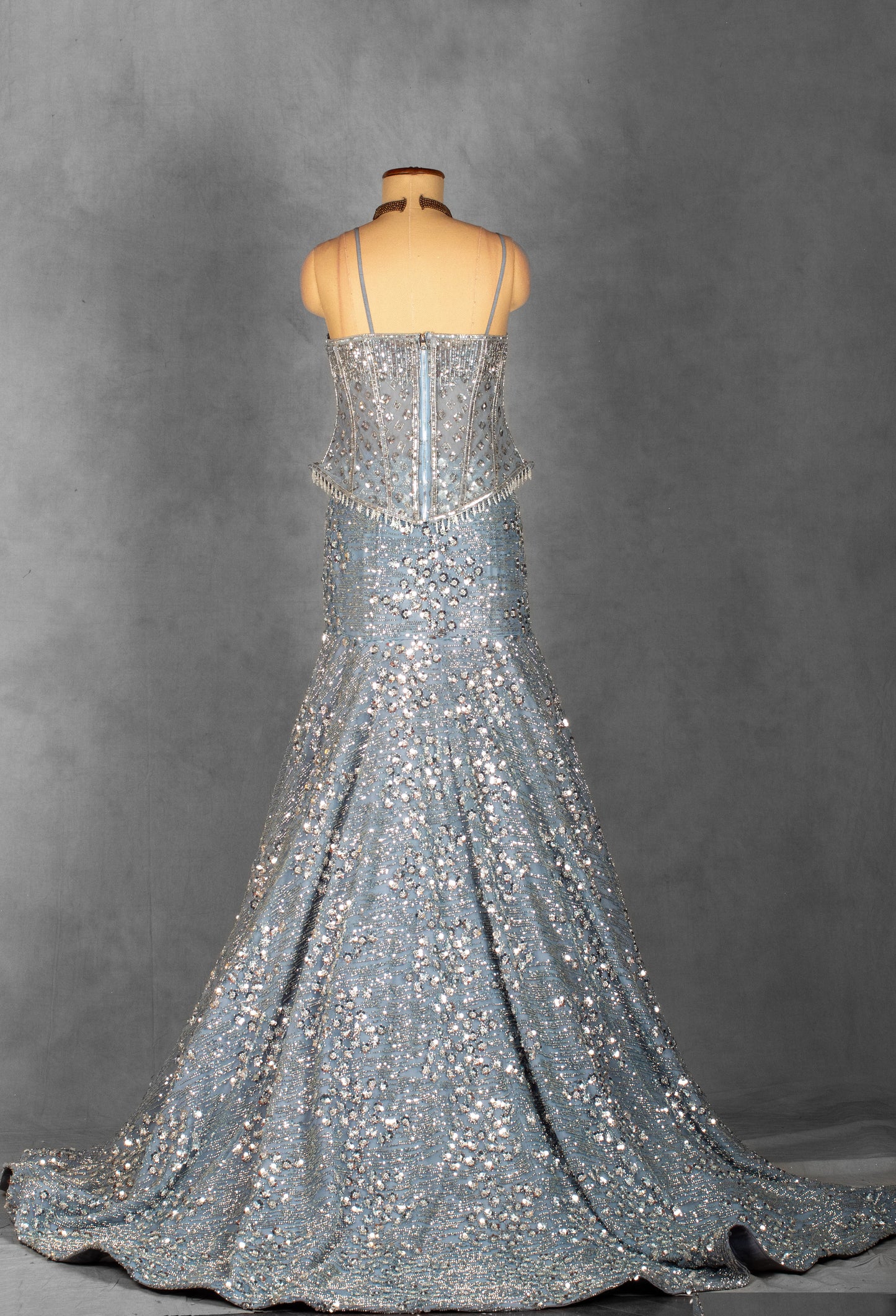 Ice Blue Embellished Corset Gown with Handcrafted Crystal & Sequin Work