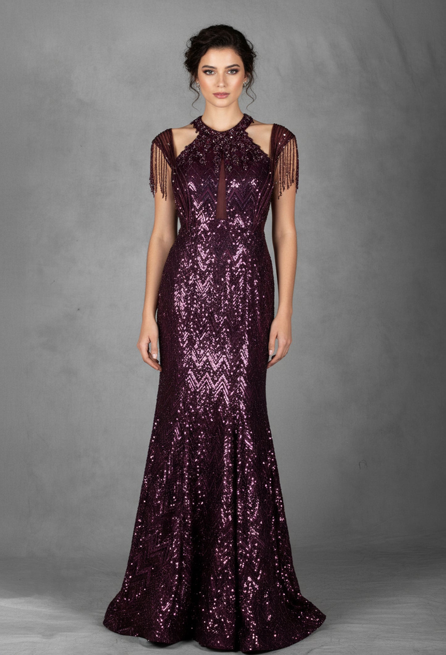 Plum Sequin Embellished Mermaid Gown with Beaded Shoulder Detailing
