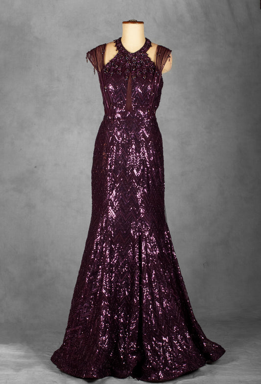 Plum sequin embellished mermaid gown with beaded shoulders – product image 2