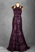 Plum Sequin Embellished Mermaid Gown with Beaded Shoulder Detailing