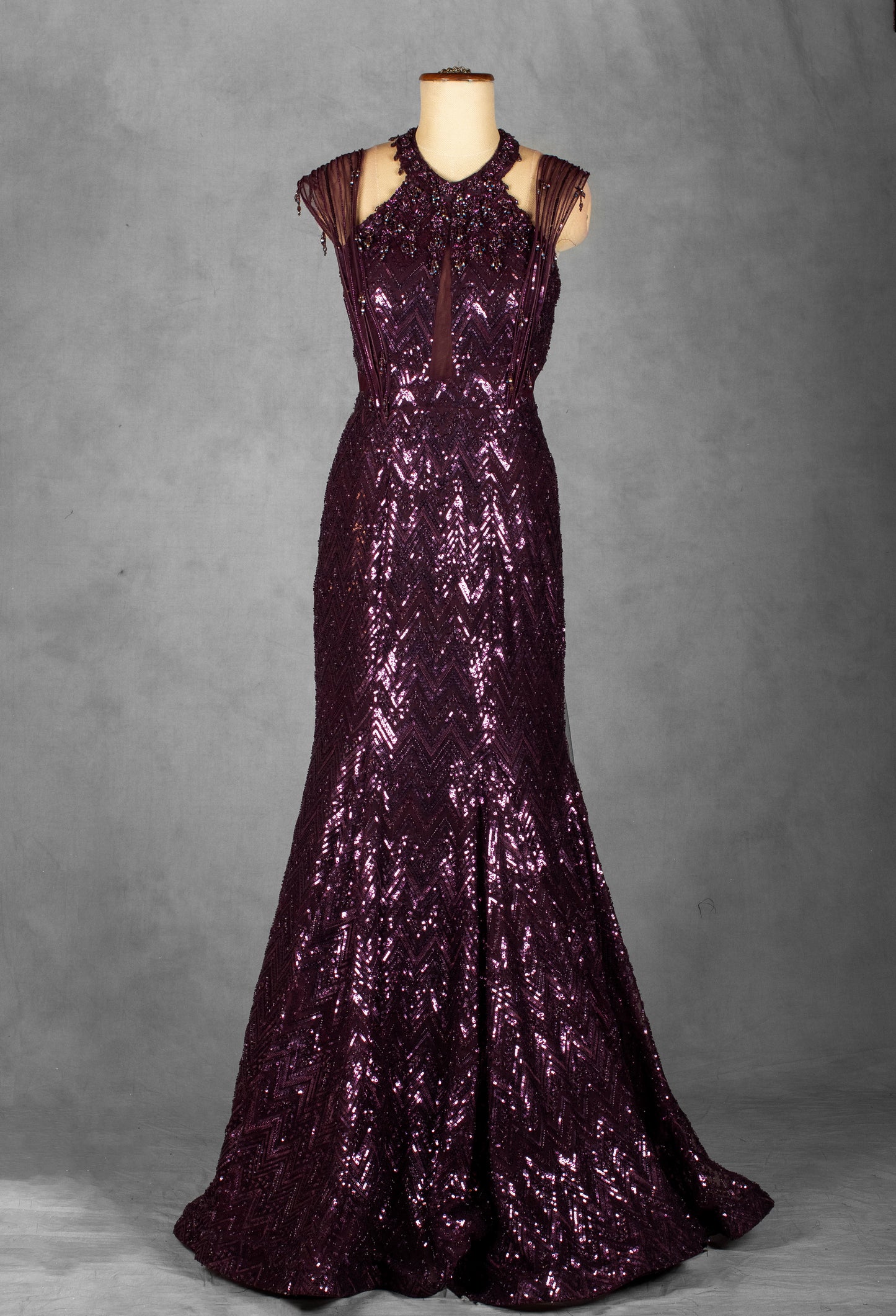 Plum Sequin Embellished Mermaid Gown with Beaded Shoulder Detailing