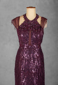 Plum Sequin Embellished Mermaid Gown with Beaded Shoulder Detailing
