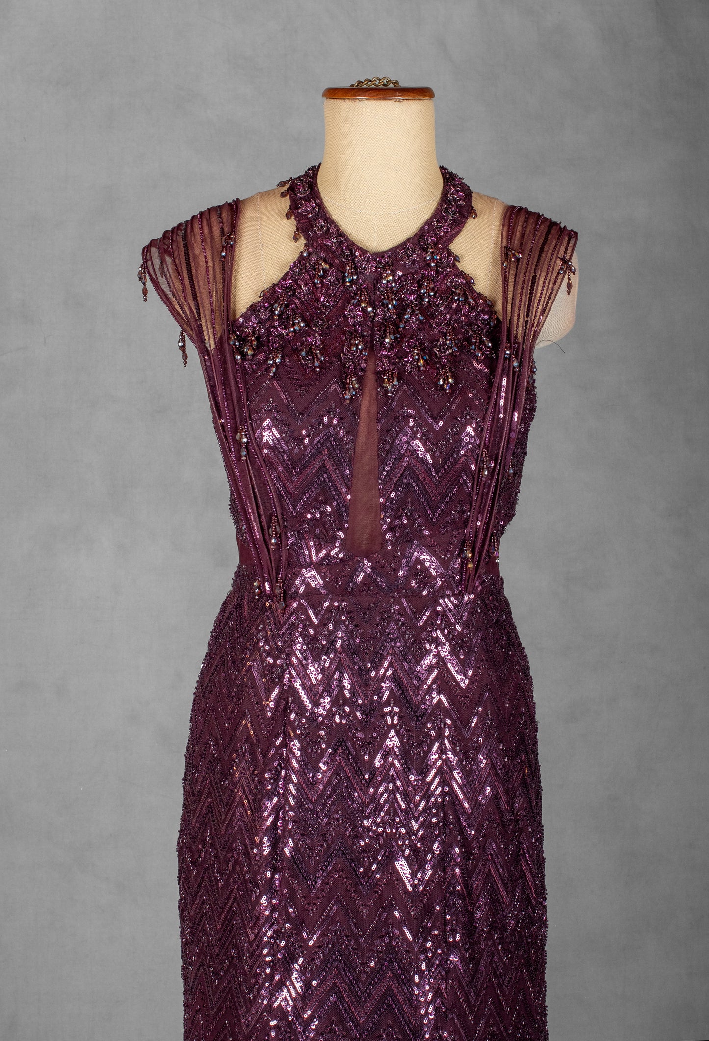 Plum Sequin Embellished Mermaid Gown with Beaded Shoulder Detailing