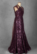 Plum Sequin Embellished Mermaid Gown with Beaded Shoulder Detailing