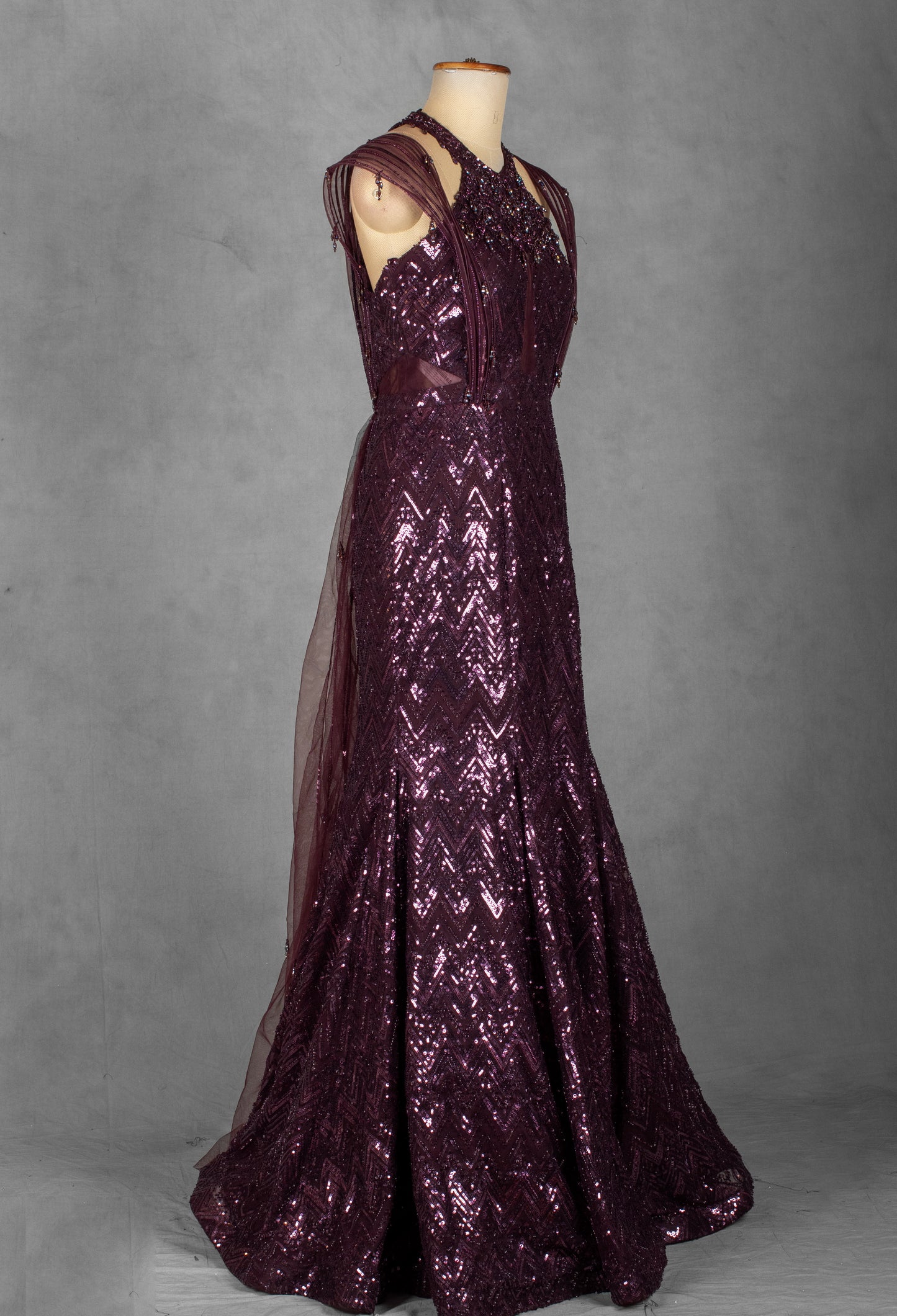 Plum Sequin Embellished Mermaid Gown with Beaded Shoulder Detailing