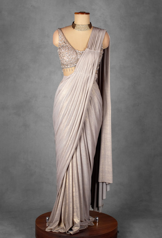 Silver shimmer pre-draped saree with hand-embellished blouse – product image 2