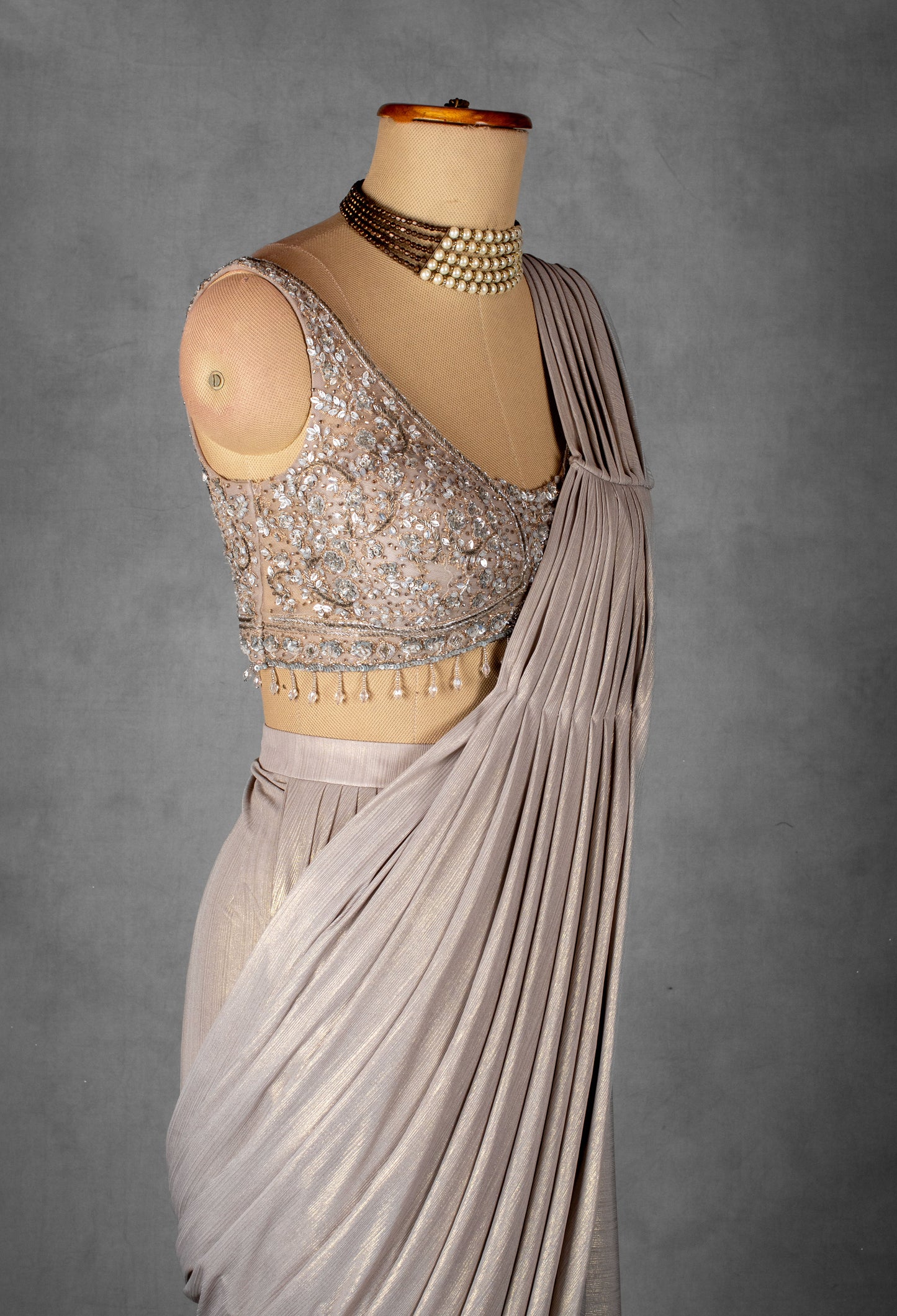 Silver Shimmer Drape Saree with Hand-Embellished Blouse