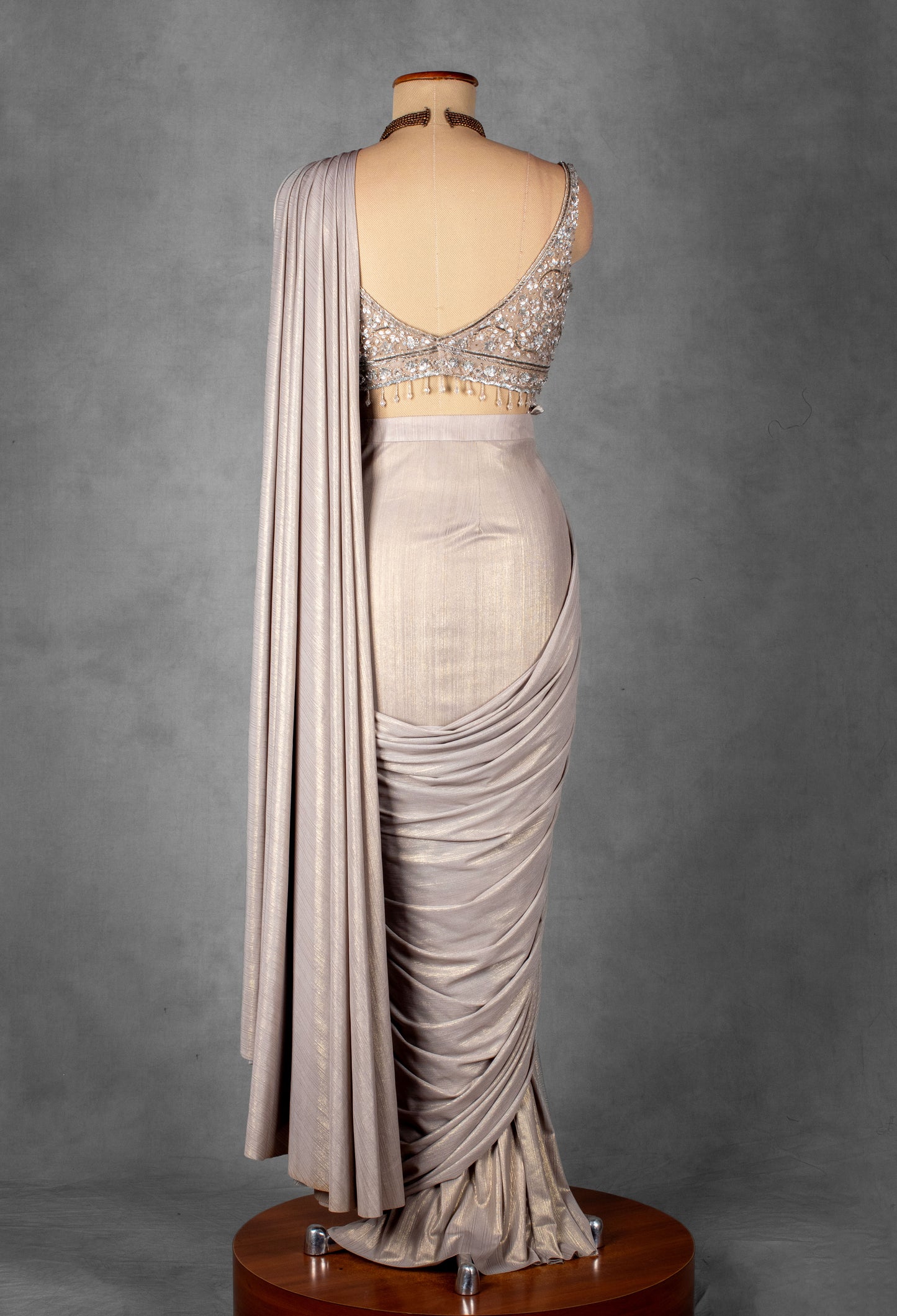 Silver Shimmer Drape Saree with Hand-Embellished Blouse