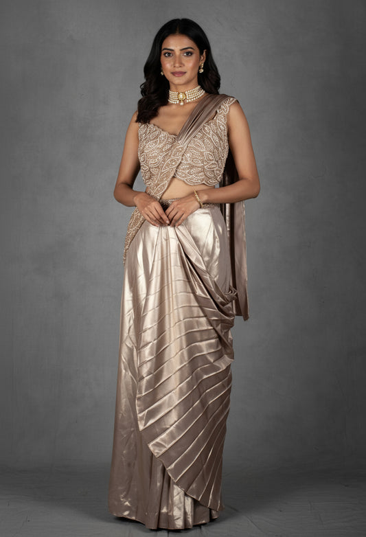 Champagne Satin Drape Saree with Intricately Embellished Blouse