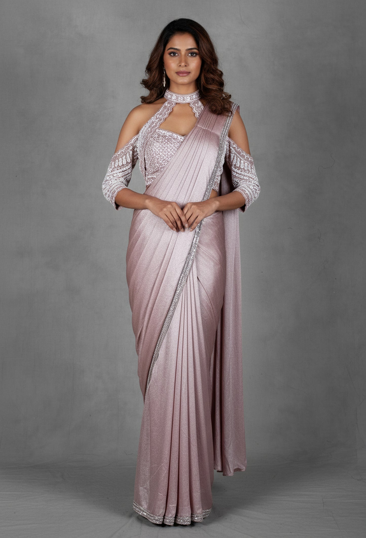 Dusty Rose Metallic Drape Saree with Embellished Halter Blouse
