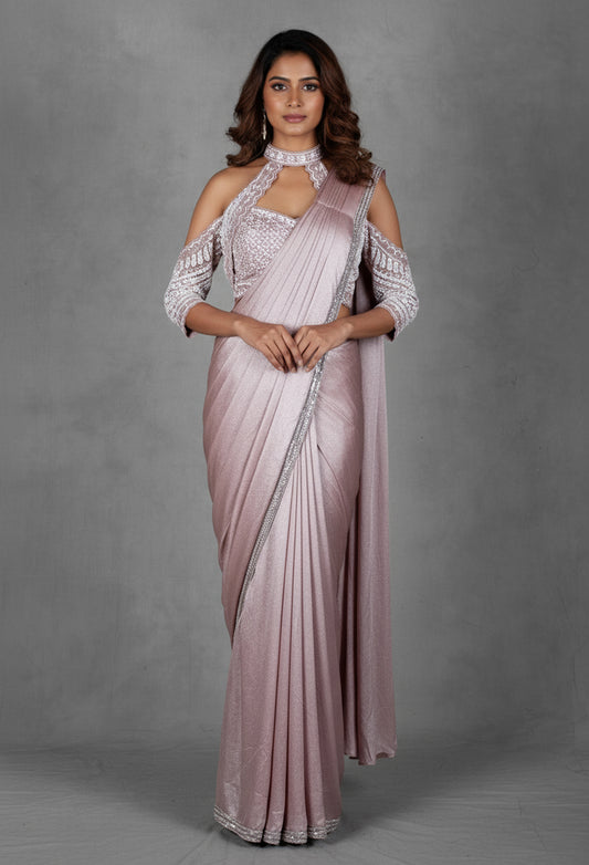 Dusty Rose Metallic Drape Saree with Embellished Halter Blouse