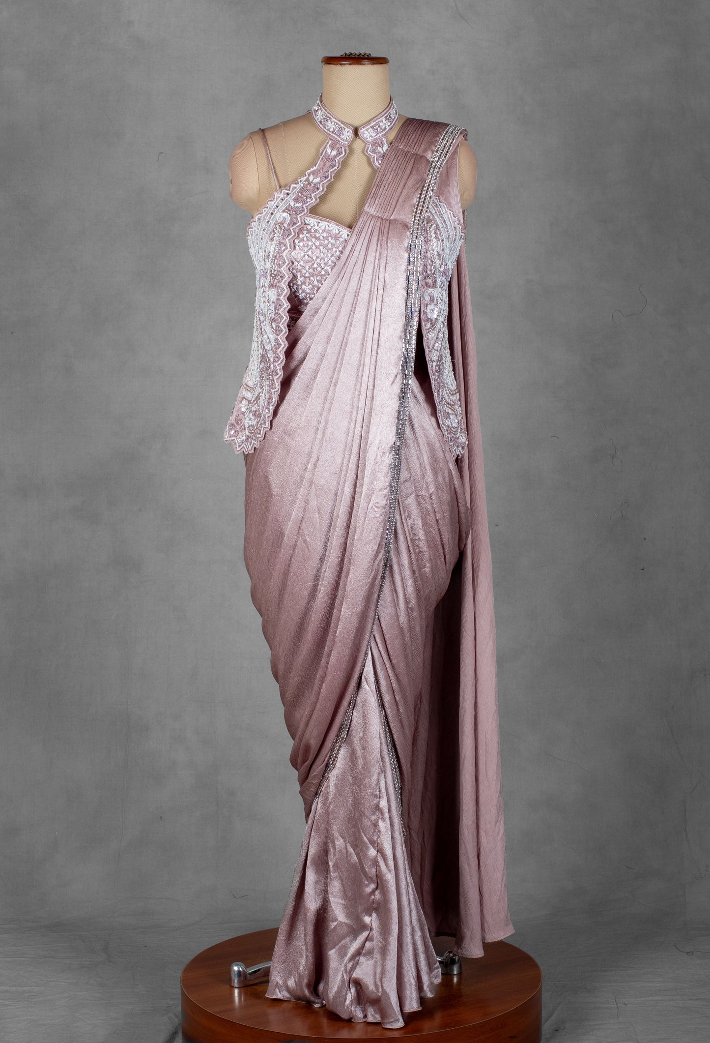 Dusty Rose Metallic Drape Saree with Embellished Halter Blouse
