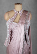 Dusty Rose Metallic Drape Saree with Embellished Halter Blouse