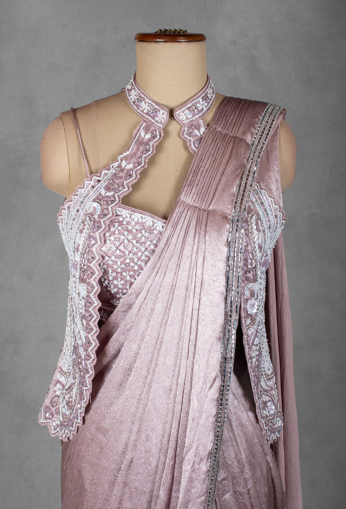 Dusty Rose Metallic Drape Saree with Embellished Halter Blouse