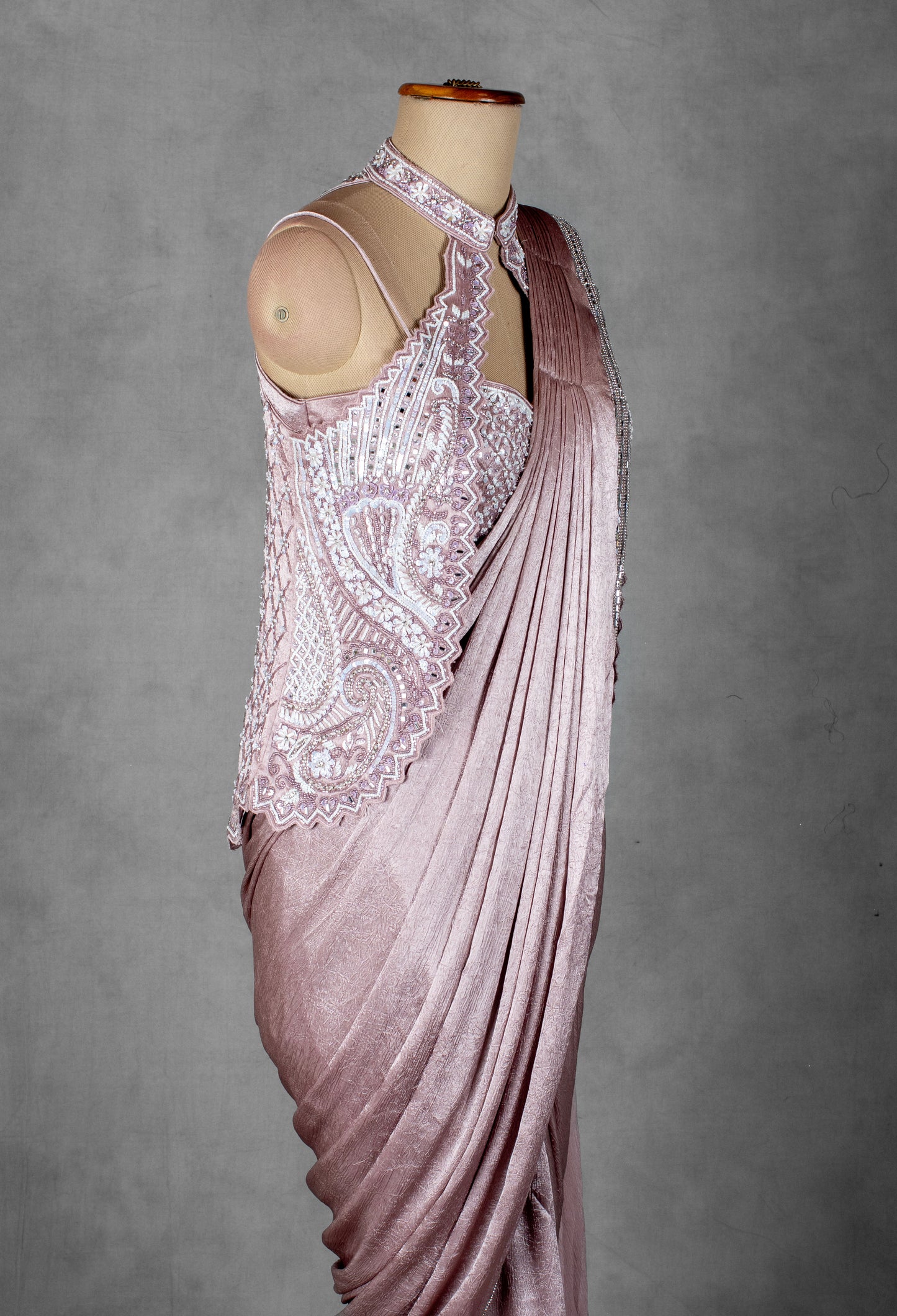 Dusty Rose Metallic Drape Saree with Embellished Halter Blouse