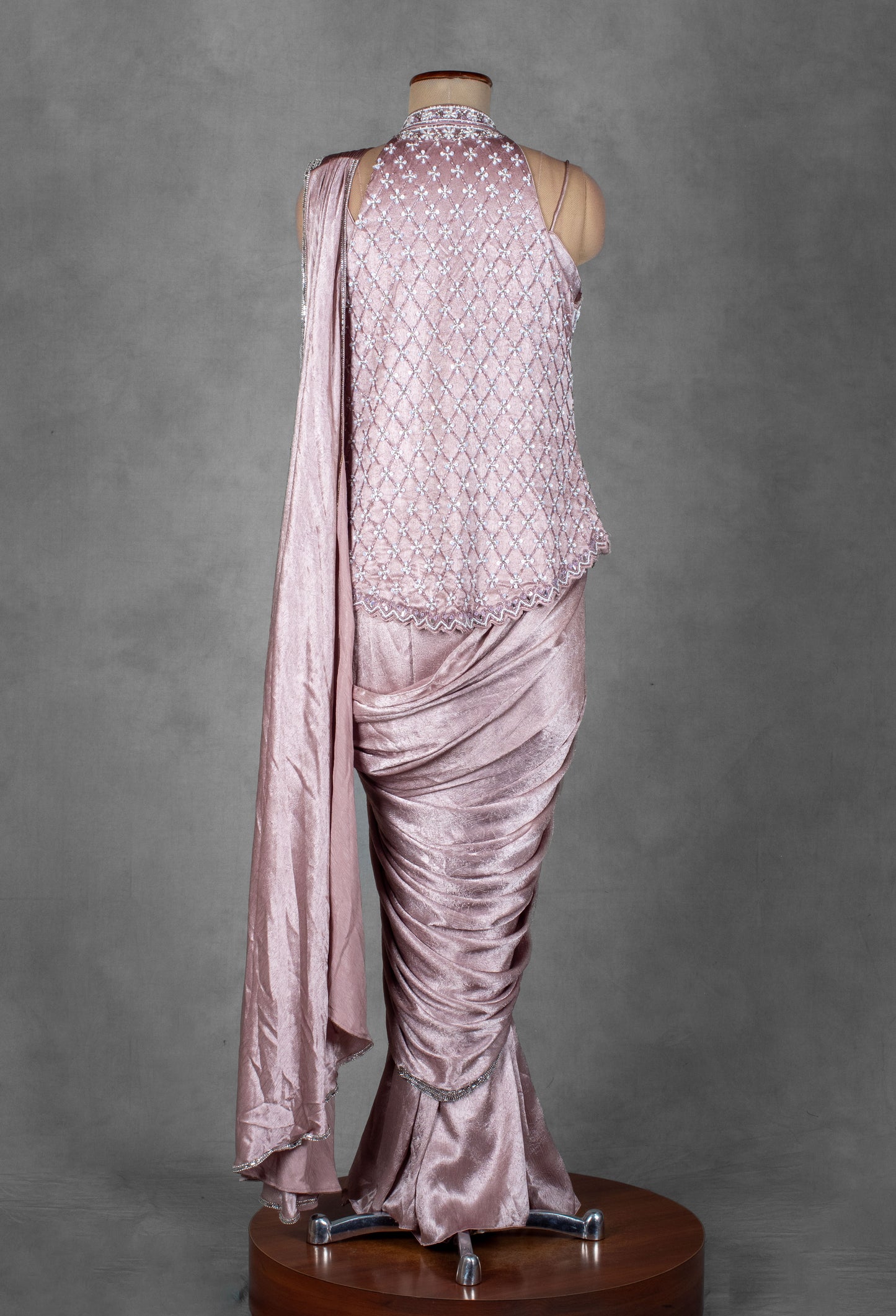 Dusty Rose Metallic Drape Saree with Embellished Halter Blouse