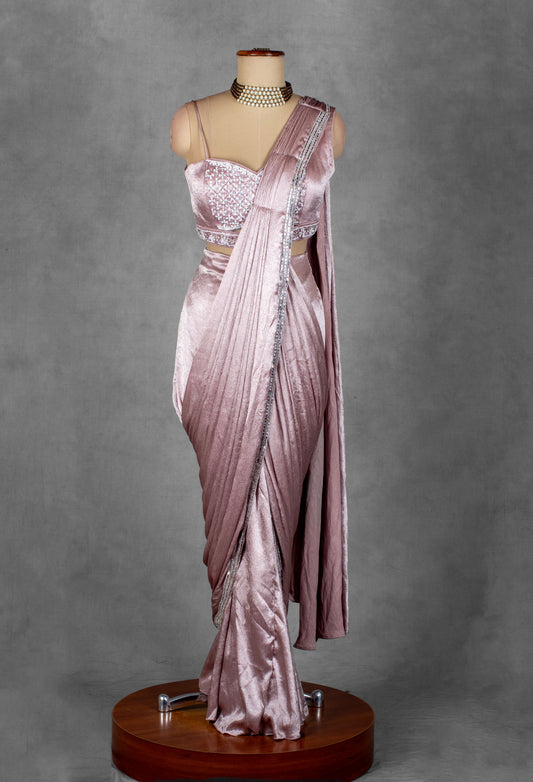 Dusty Rose Metallic Drape Saree with Embellished Halter Blouse