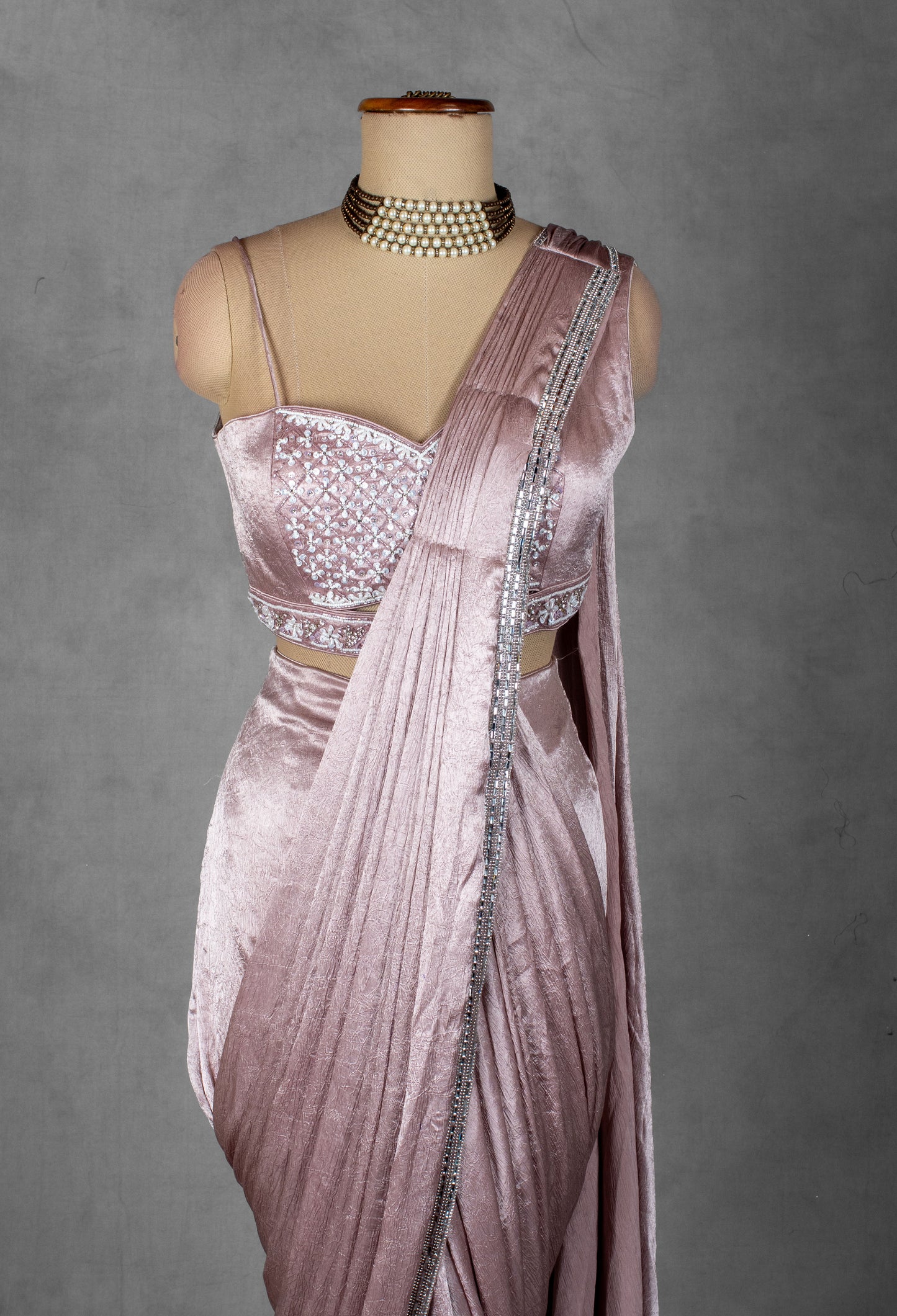 Dusty Rose Metallic Drape Saree with Embellished Halter Blouse