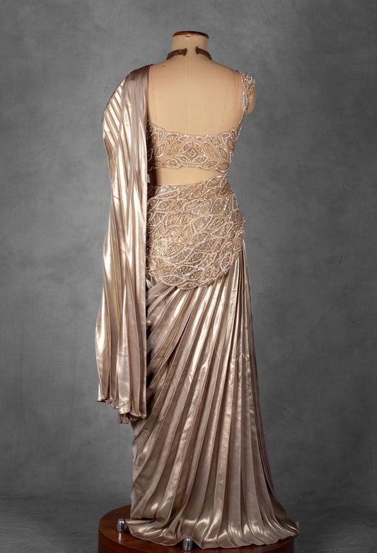 Champagne Satin Drape Saree with Intricately Embellished Blouse