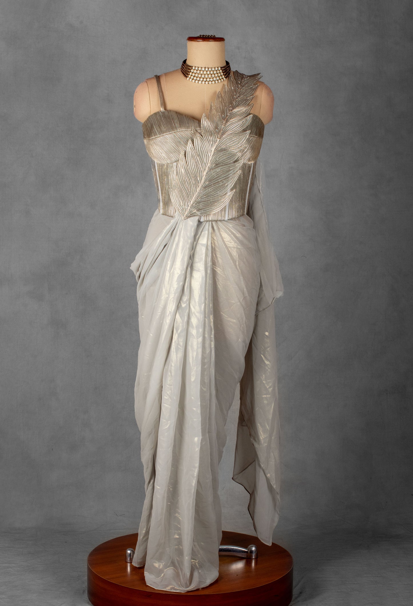 Metallic Ivory Drape Gown with Sculpted Leaf Bodice