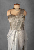 Metallic Ivory Drape Gown with Sculpted Leaf Bodice