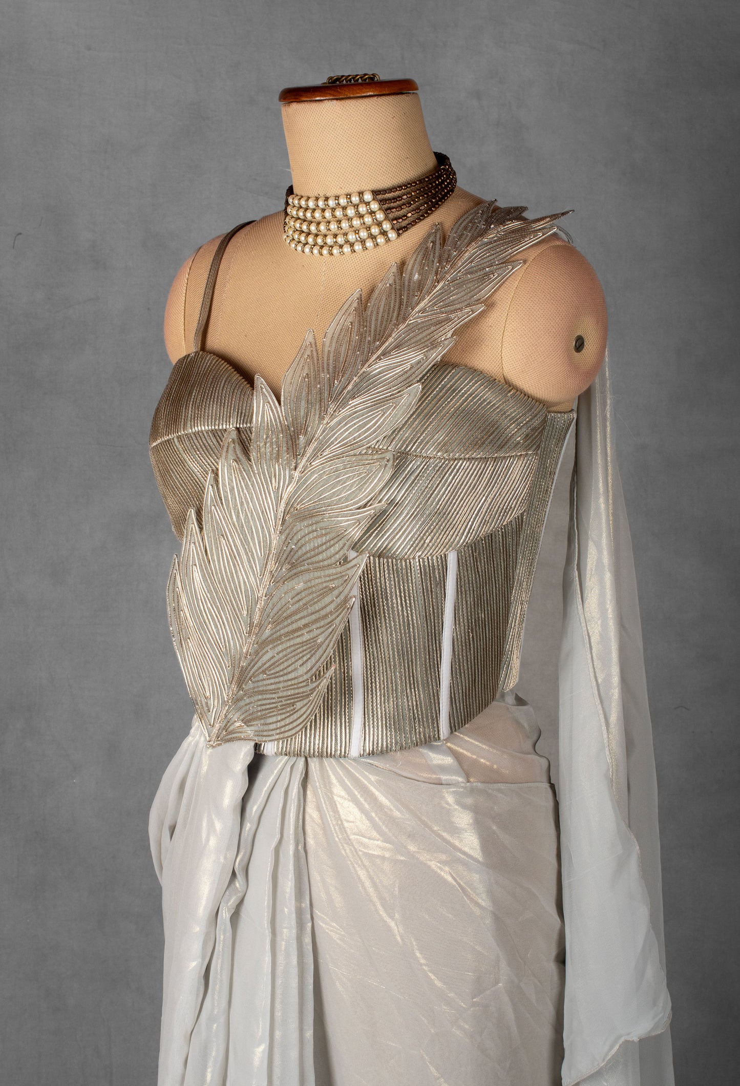 Metallic Ivory Drape Gown with Sculpted Leaf Bodice