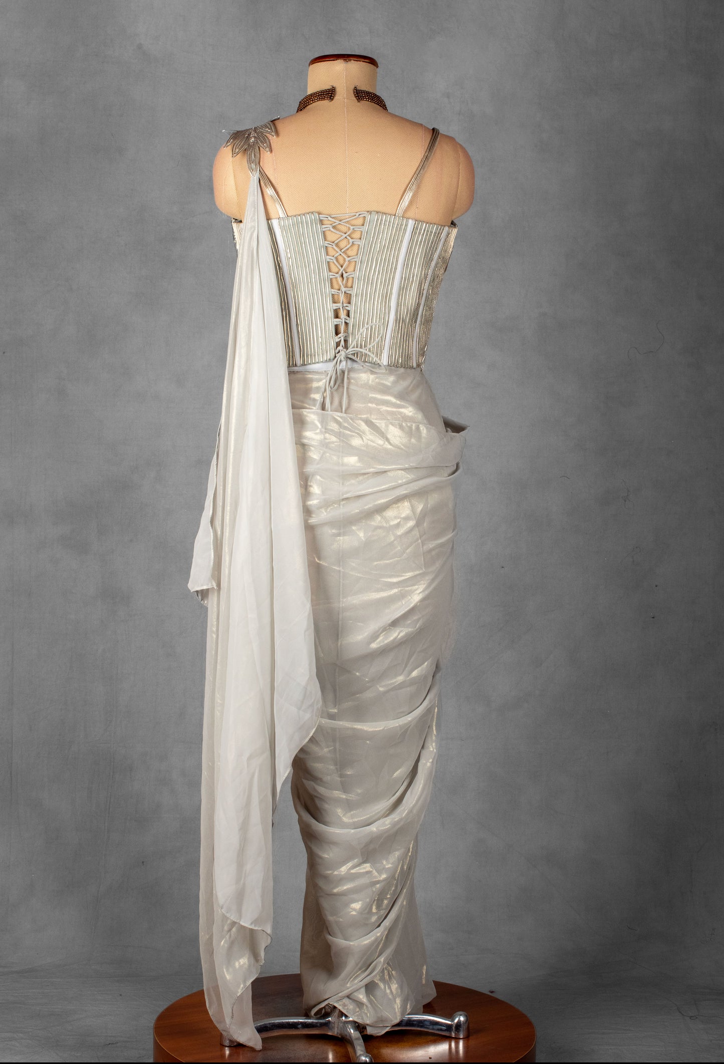 Metallic Ivory Drape Gown with Sculpted Leaf Bodice