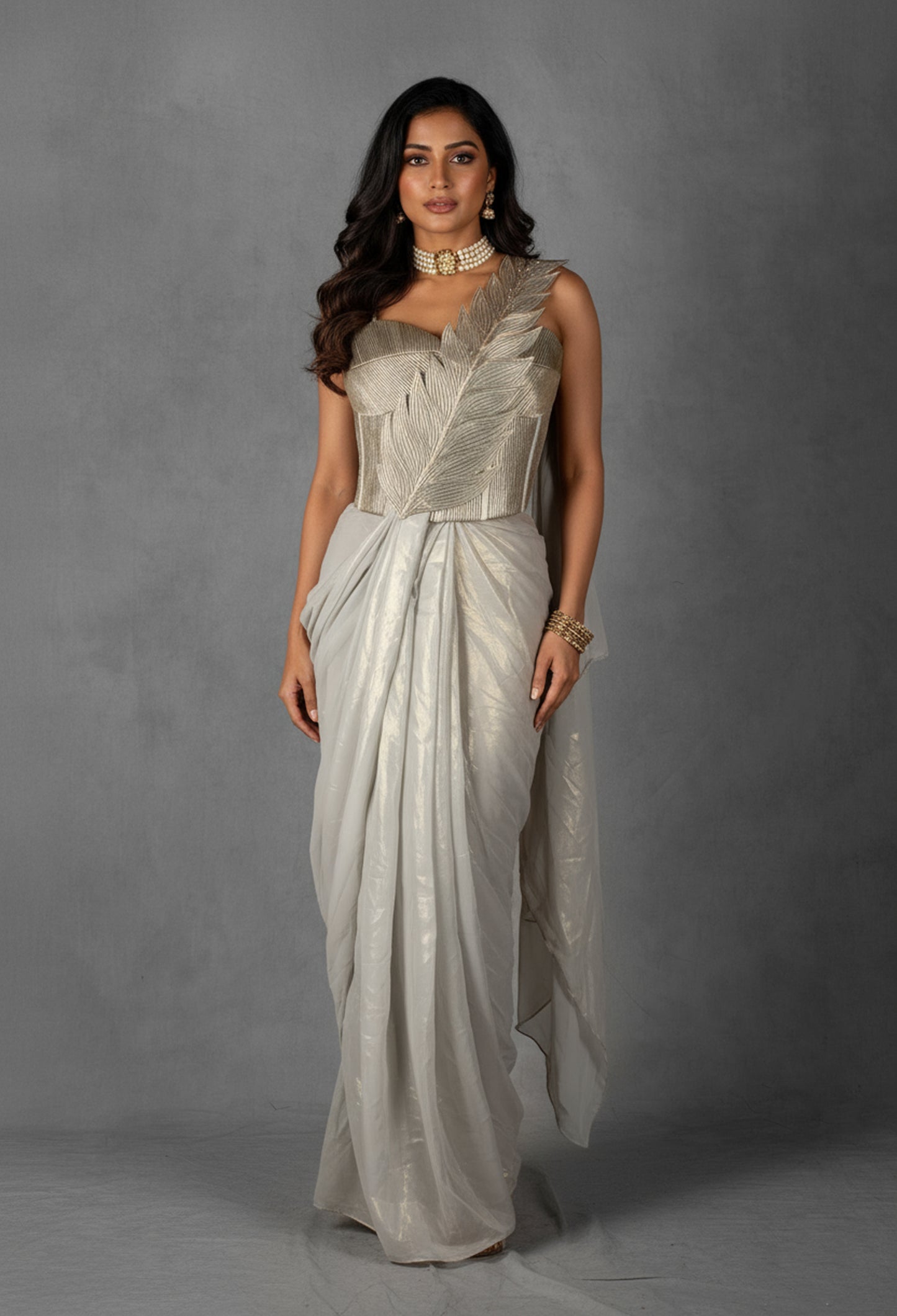 Metallic Ivory Drape Gown with Sculpted Leaf Bodice