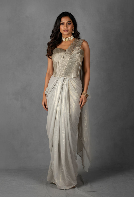 Metallic Ivory Drape Gown with Sculpted Leaf Bodice