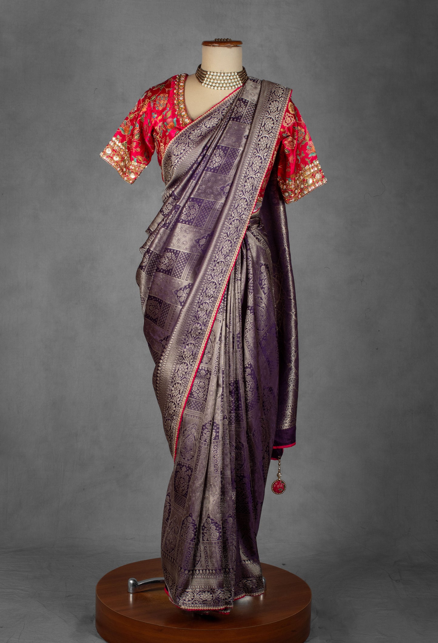 Purple Banarasi Silk Saree with Pink Embroidered Blouse