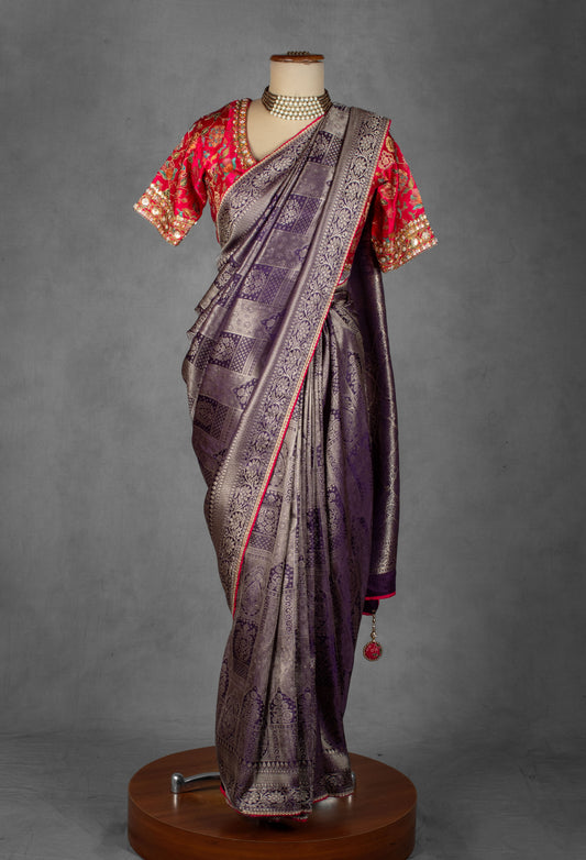 Purple Banarasi Silk Saree with Pink Embroidered Blouse
