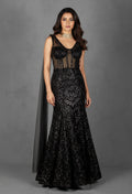 Black Sequin Sheer Corset Gown with Handcrafted Embellishments