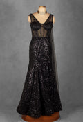 Black Sequin Sheer Corset Gown with Handcrafted Embellishments