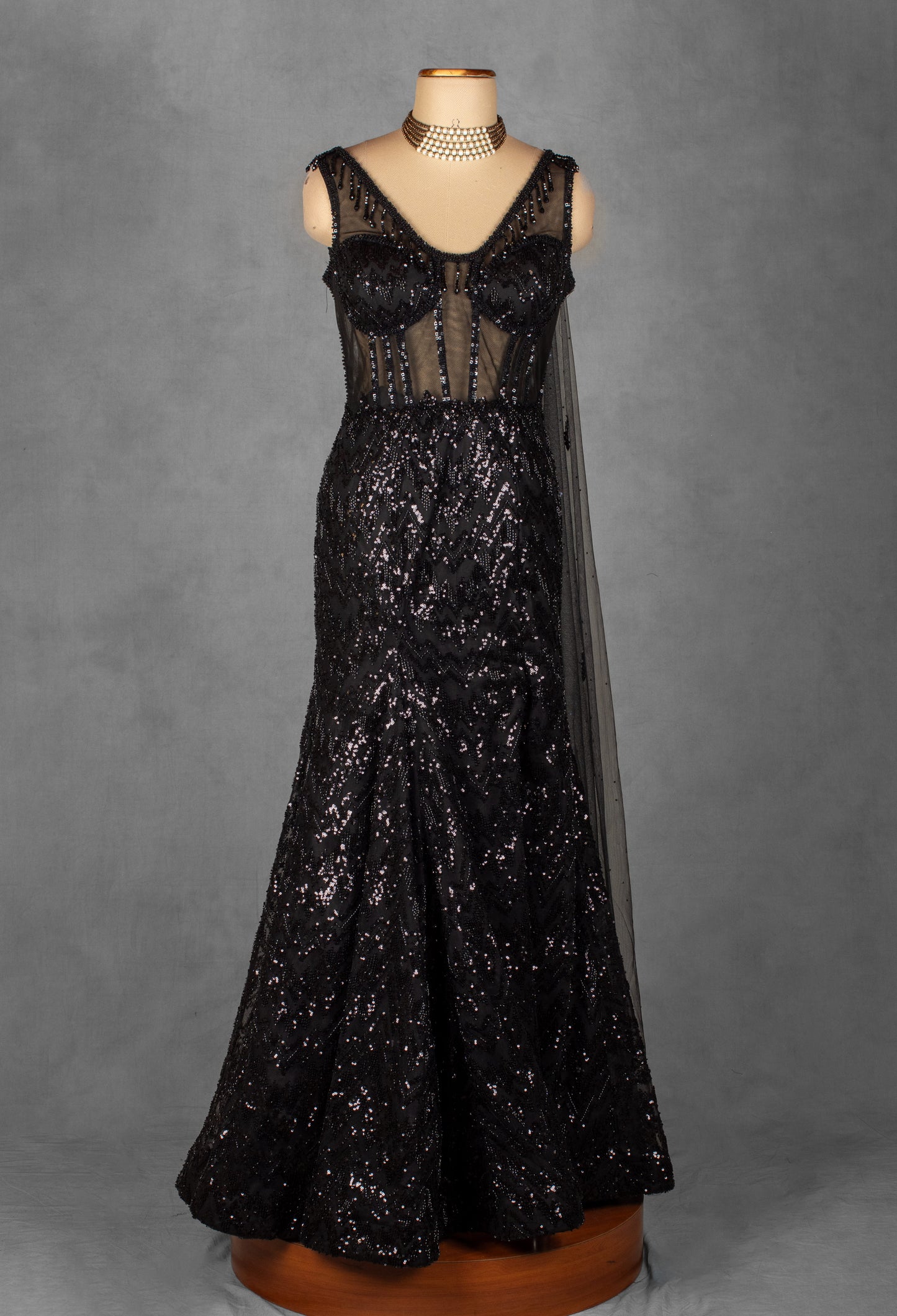 Black Sequin Sheer Corset Gown with Handcrafted Embellishments