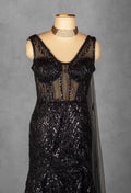 Black Sequin Sheer Corset Gown with Handcrafted Embellishments