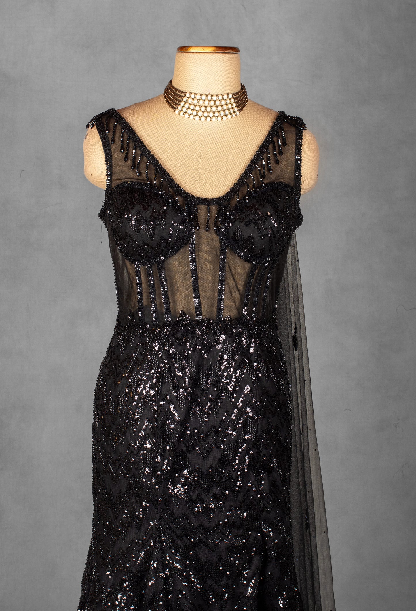 Black Sequin Sheer Corset Gown with Handcrafted Embellishments