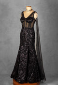 Black Sequin Sheer Corset Gown with Handcrafted Embellishments