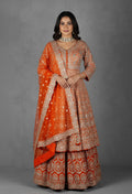 Burnt Orange Zari & Mirror Embroidered Anarkali Lehenga Set with Net Dupatta